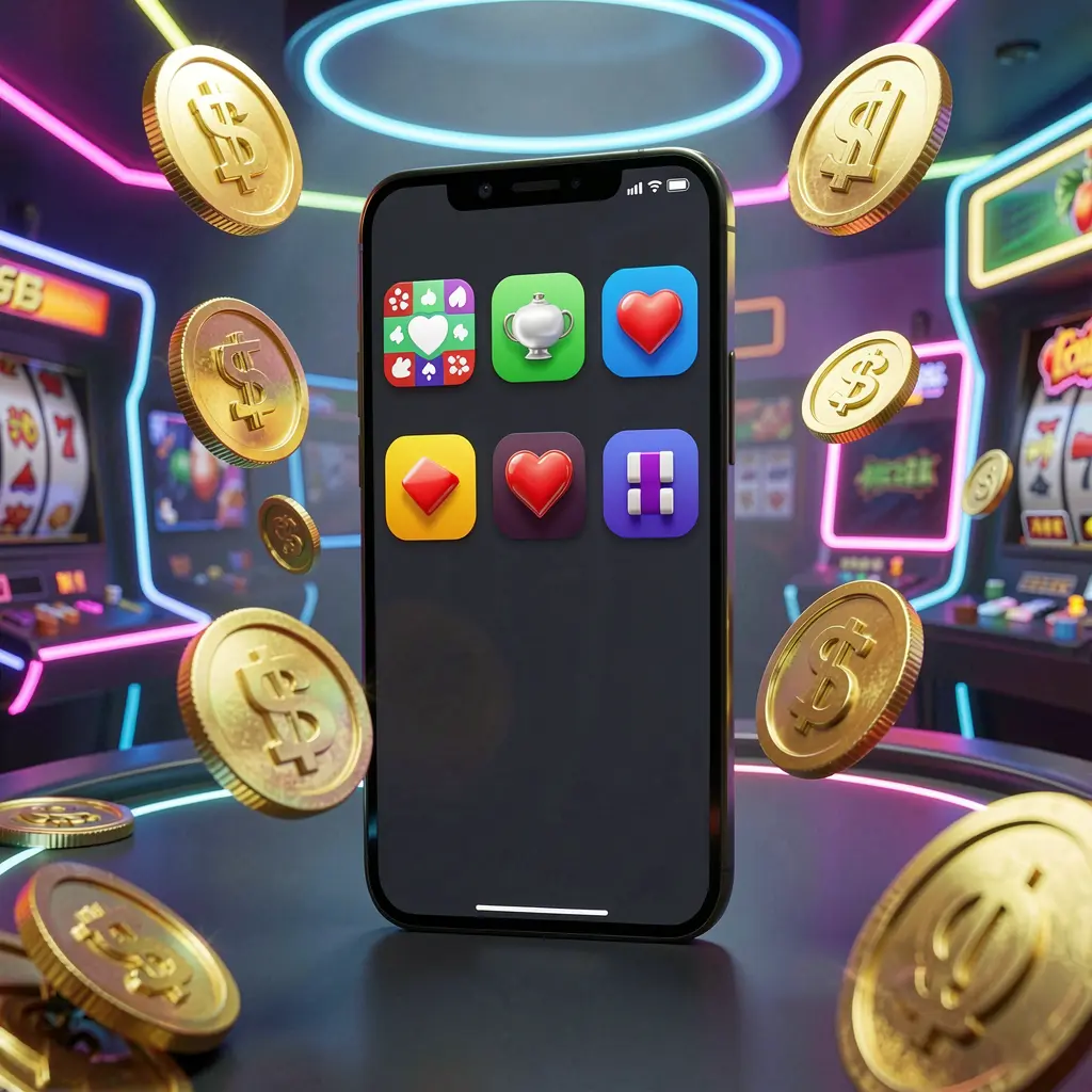 ZAS36 Android casino app concept displayed on a modern phone with app icons, surrounded by golden coins and slot symbols floating in a neon casino atmosphere, realistic 3D render