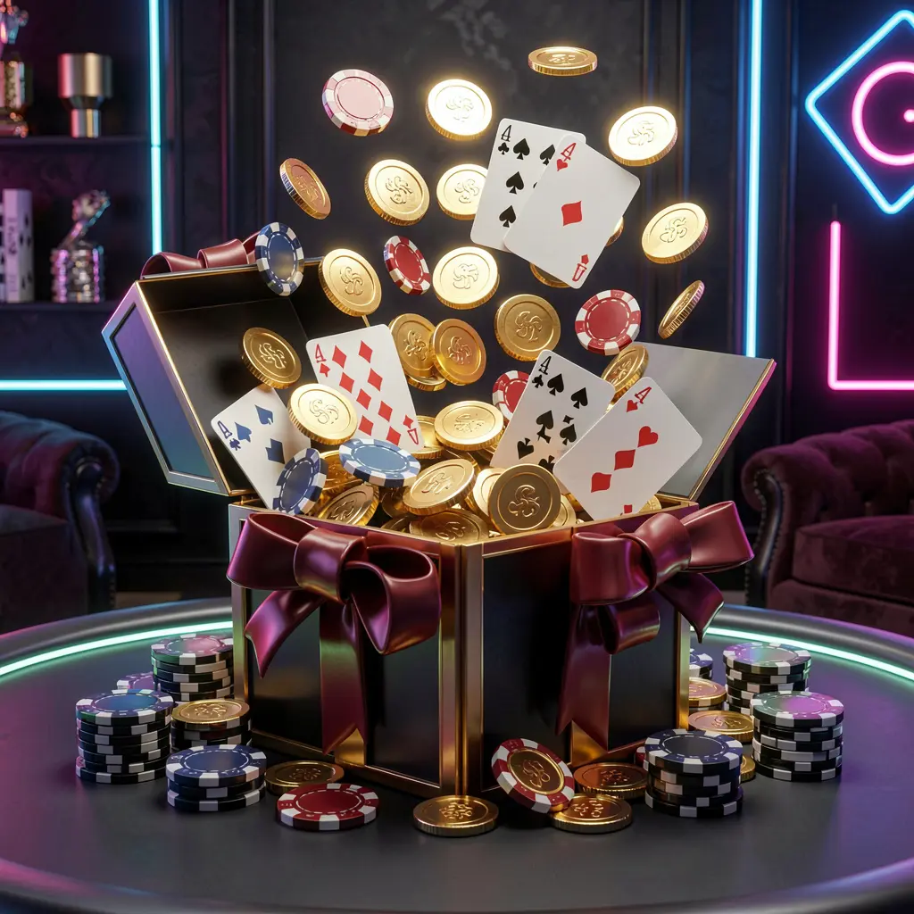 ZAS36 online casino bonus gift box exploding with golden coins, poker chips, and playing cards against a dark luxury background with glowing neon accents