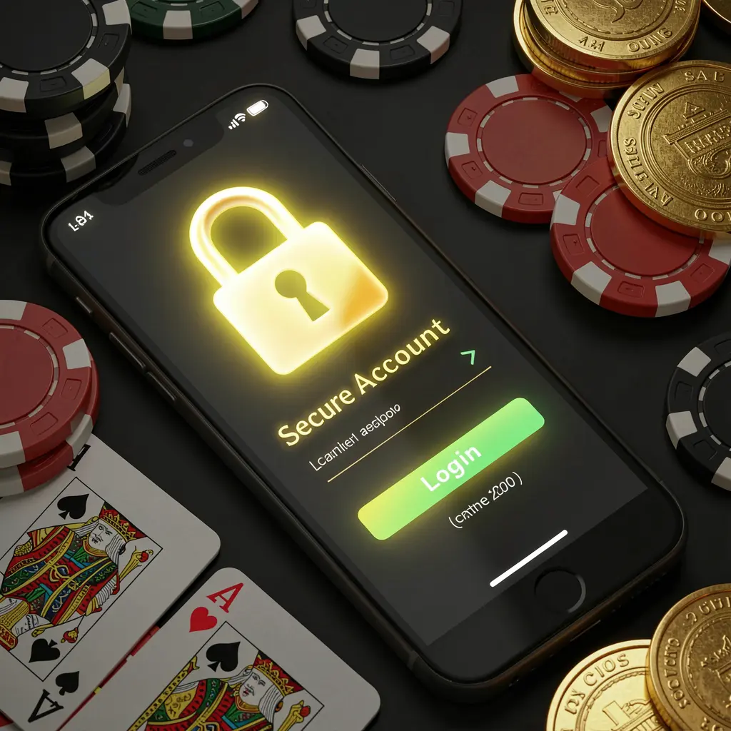 ZAS36 secure casino account login concept showing a glowing lock icon on a smartphone screen with poker chips, playing cards, and golden coins on an elegant black and gold background in a realistic 3D render
