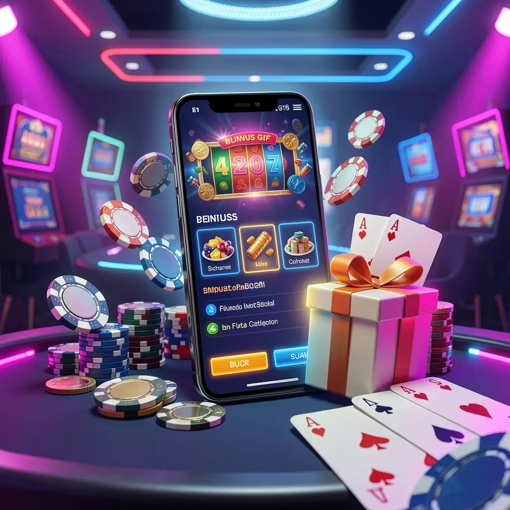 Modern casino website hero scene featuring a smartphone with a glowing interface surrounded by bonus gift box, chips, coins, and playing cards in a premium neon casino style, showcasing ZAS36's responsible gaming theme in Malaysia
